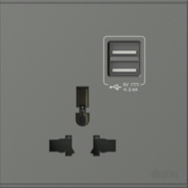 Bộ Ổ cắm đơn đa tiêu chuẩn 10A có cổng sạc USB (Grey) E6 72E725-61