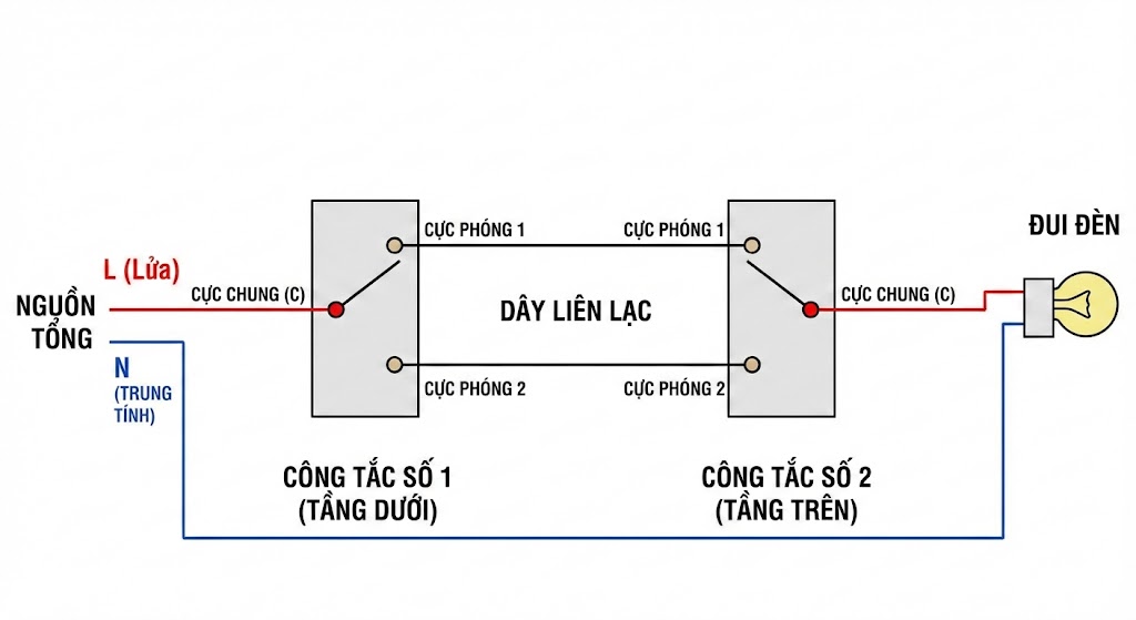 Cách đấu công tắc bóng đèn cầu thang 2 công tắc 1 bóng đèn