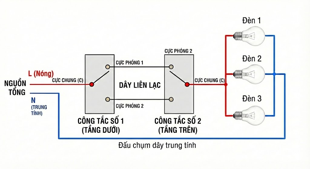 Cách đấu công tắc bóng đèn cầu thang 2 công tắc 3 bóng đèn