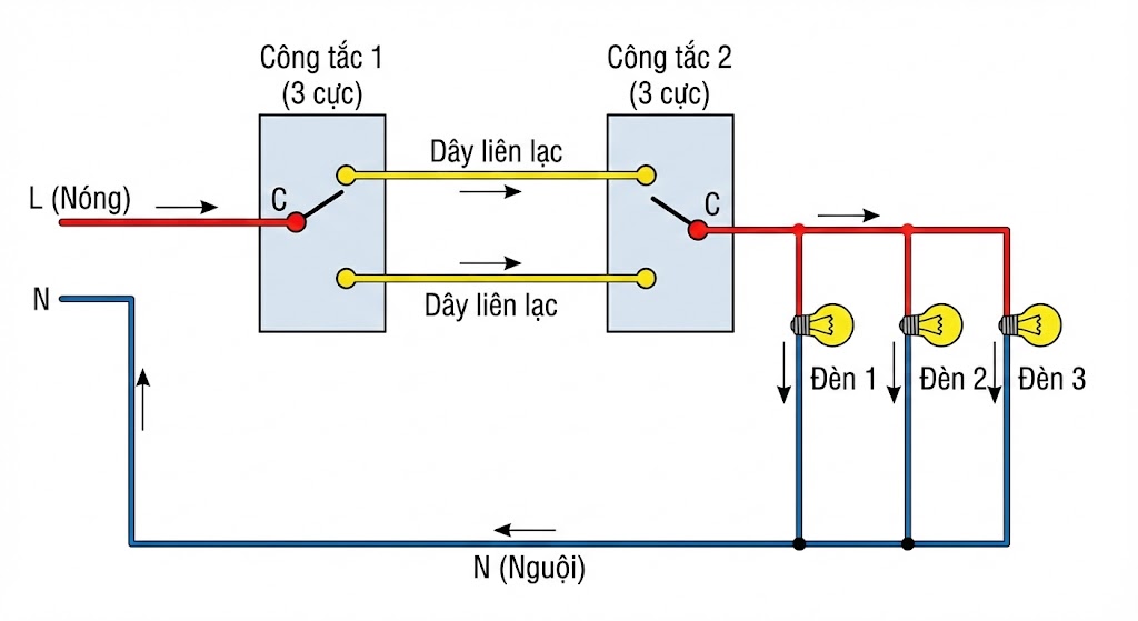 Sơ đồ đấu mạch cầu thang điều khiển nhiều bóng đèn